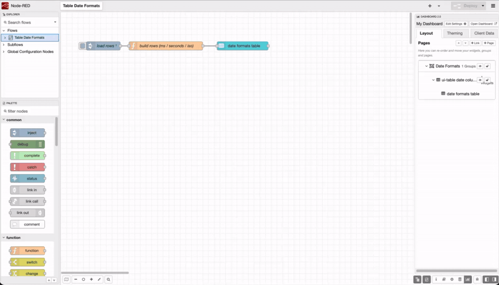 A FlowFuse Dashboard ui-table rendering a timestamp as Date & Time, Date, and Time columns